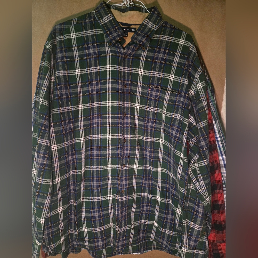 Tommy Hilfiger Men's Blue and Green Plaid Shirt
